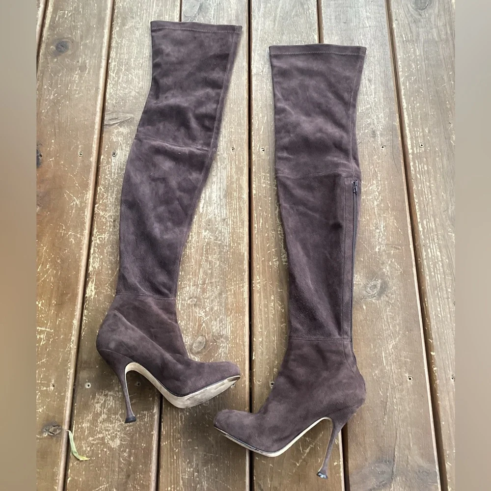 Brian Atwood Thigh High Taupe Brown Suede Sock Heeled Designer Boots Size 36